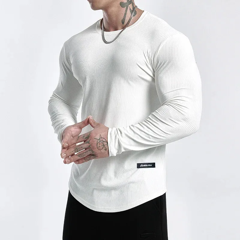 Menowe mięśnie koszule o Necku lekkie Slim Fit Long Rękaw Trening Gym T-shirty miękkie koszulki kulturystyka 240313