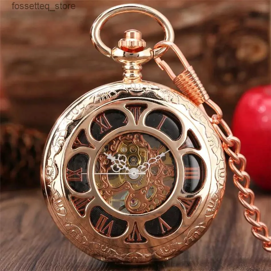 Montres de poche en or Rose, fleur creuse, affichage des chiffres romains, poche mécanique, pendentif de luxe exquis, horloge à remontage manuel avec chaîne L240322