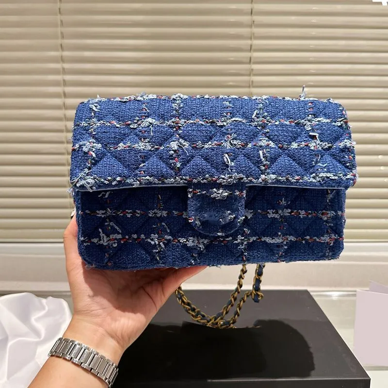 Damen Designer Classic Flap Blue Tweed CF Umhängetaschen Gold Metall Hardware Matelasse Kette Umhängetasche Blaue Handtaschen Outdoor Luxus Sacoche Geldbörse 25x15cm