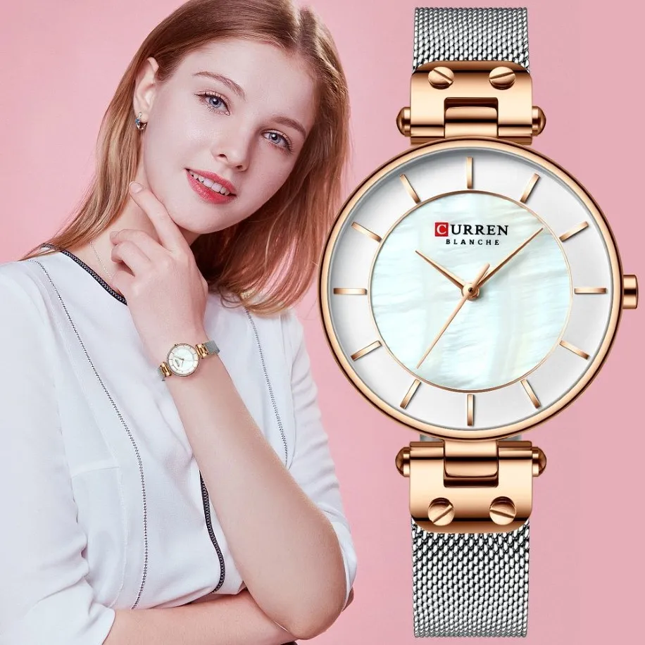 Curren criativo simples relógio de quartzo vestido feminino malha aço relógios novo relógio senhoras pulseira relogios feminino280w