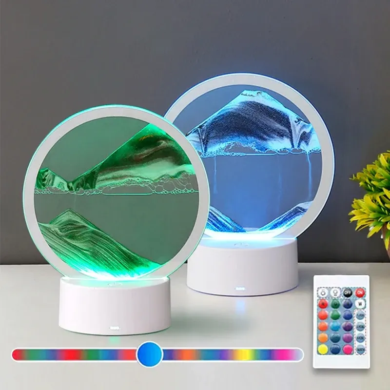 Lampada da tavolo con pittura a sabbia che scorre a LED a colori in miniatura Lampada da comodino con luce notturna in vetro rotondo a forma di clessidra in vetro 3D in movimento Decorazioni per la casa