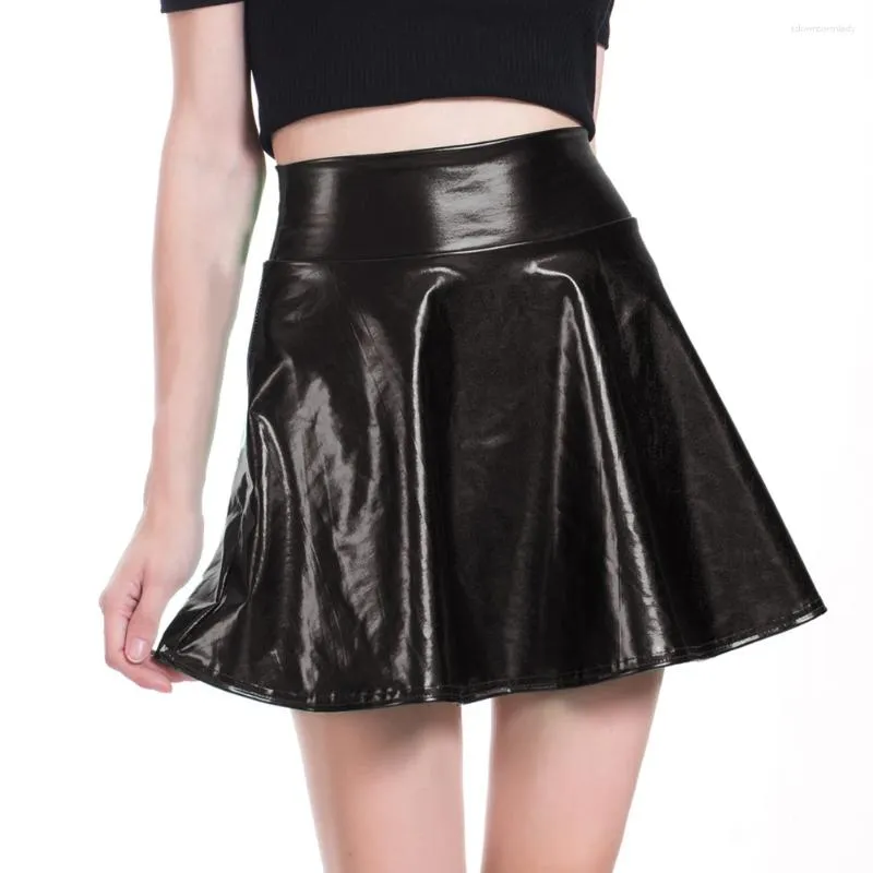 Skirts Women Clothing Pleated Skirt High Street Girl Retro Sexy Shiny Solid Color WetLook A-Line Clubwear Cosplay