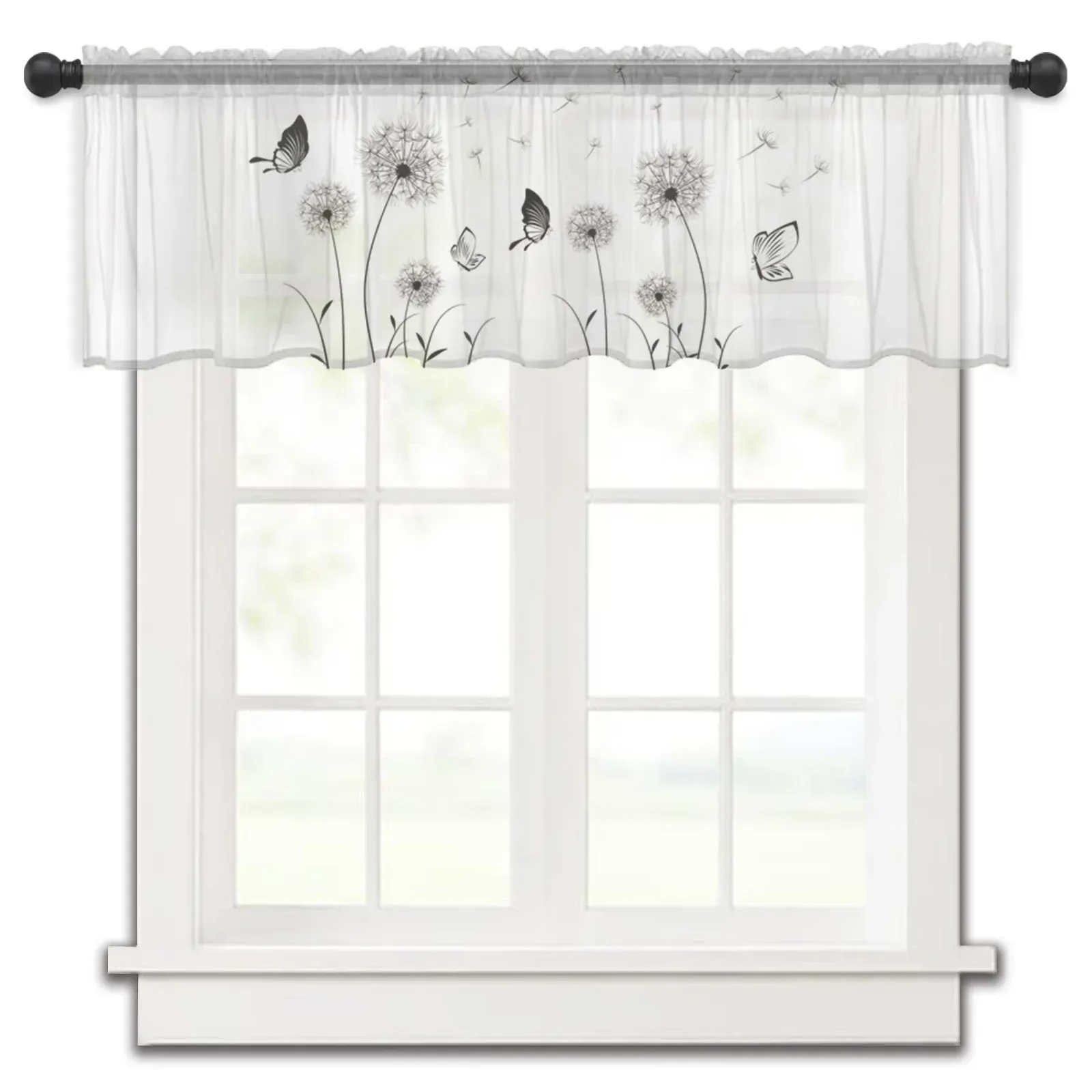 Rideaux Pissenlit Papillon Noir Blanc Court Tulle Rideaux Chambre Voile Sheer Demi-Rideau pour Fenêtre Armoires de Cuisine Petits Rideaux