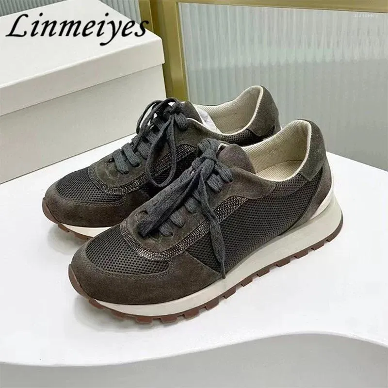 Scarpe casual S piatte da donna ventilate con lacci e punta tonda, con perline, per camminare, comfort femminile, scarpe da ginnastica in maglia