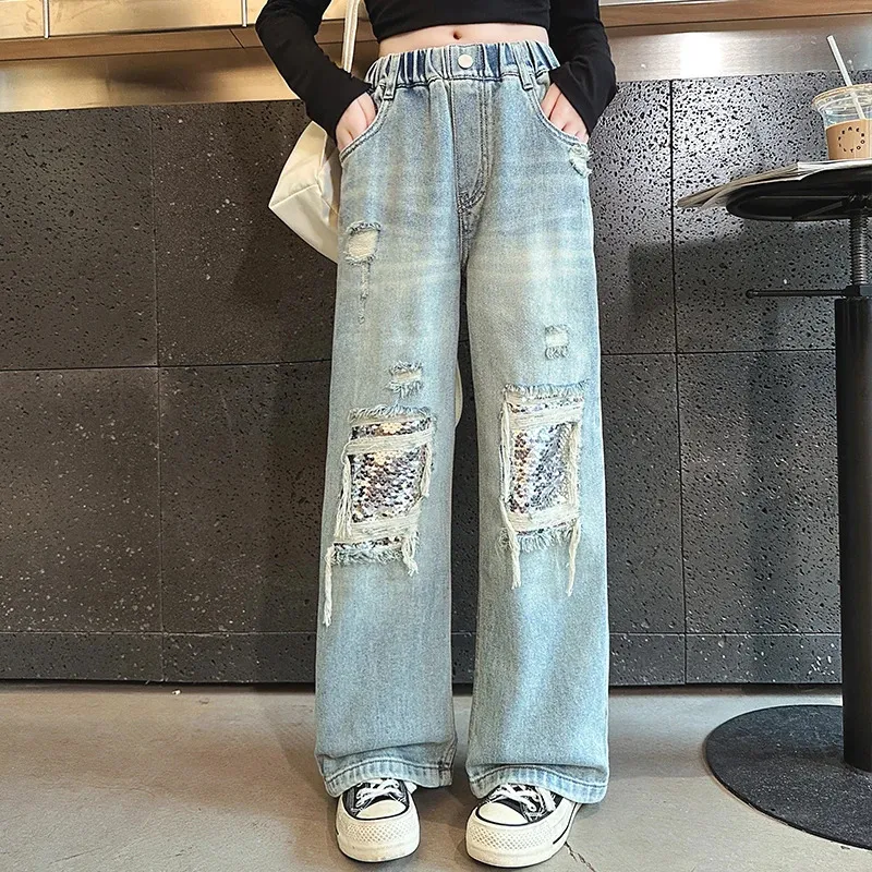 Pantalones De Pierna Ancha De Mezclilla De Cintura Alta Para Niñas