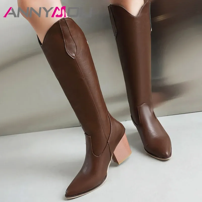 Boots ANNYMOLI Women Knee High Gogo Boots Pointed Toe Cowgirl Boots Thick High Heels Zipper Western Cowboy Boot Ladies Shoes Winter 43