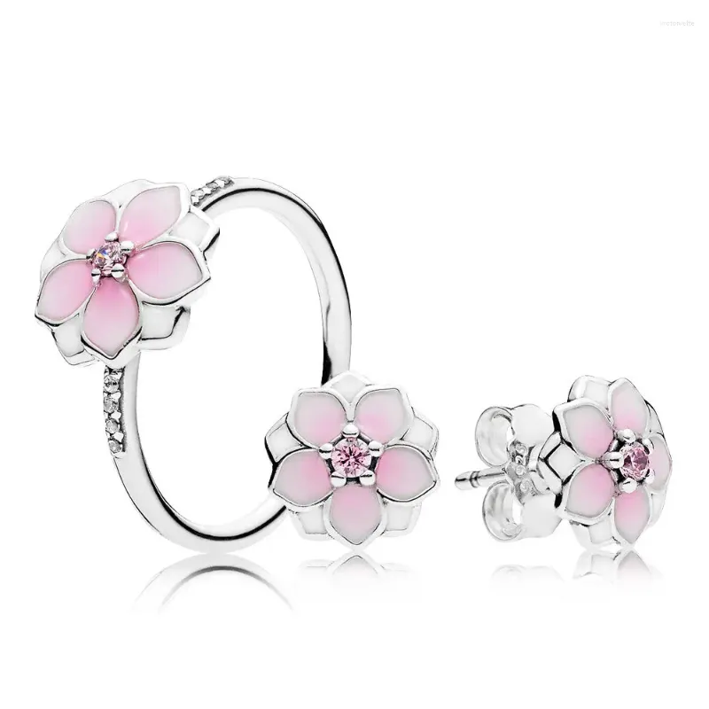 Klusterringar 2024 925 Sterling Silver Magnolia Bloom Spring Flowers Ring Gift Set Charms Fit Diy Original Jewelry A