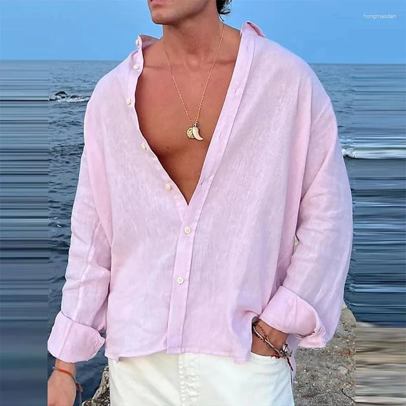Camisas casuais masculinas vintage botão-up v pescoço masculino primavera verão praia respirável solto camisa de algodão masculino moda cor sólida cardigans