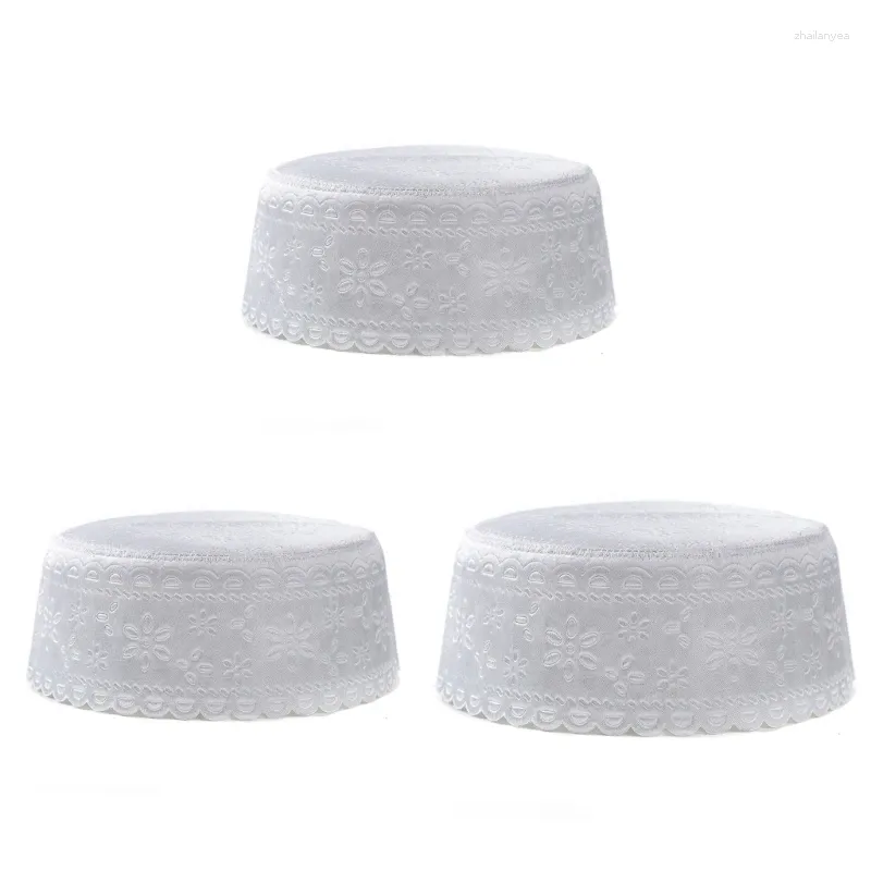 Berets Bordado Emboss Turban Hat para Masculino Respirável Islâmico Kufi Oração EID Ramadans Hijabs Top Caps Crânio Árabe