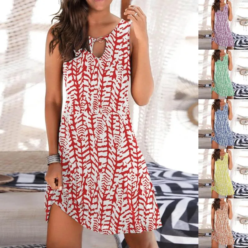 Casual Dresses Print Short Mini Dress for Women Summer Loose Sleeveless Floral Style Grenning Mönster Hollow Out Beach