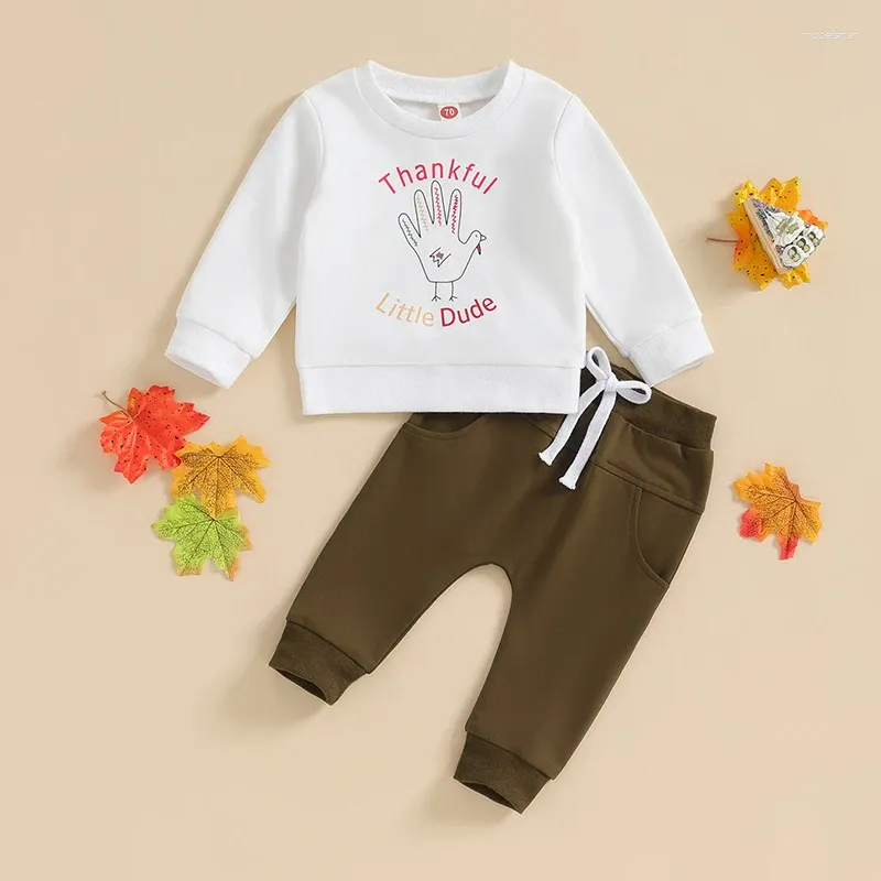 Ensembles de vêtements pour tout-petits garçons, tenue de Thanksgiving, pantalon, manches longues, lettres imprimées, sweat-shirt, couleur unie, cordon de serrage