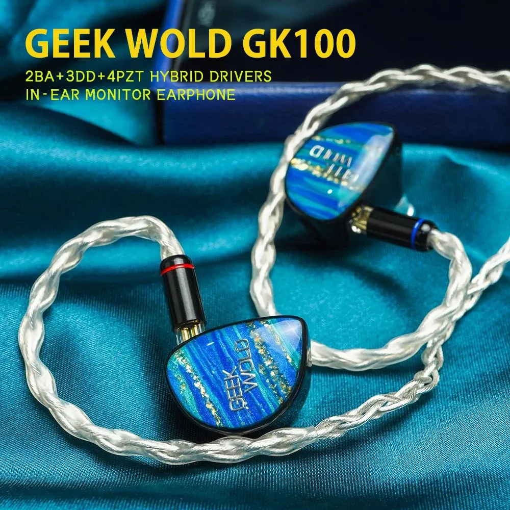 Fones de ouvido geek wold gk100 2ba + 3dd + 4pzt drivers híbridos monitor inear fone de ouvido iem 8mm armadura balanceada dinâmica hifi fone de ouvido 2pin gk200