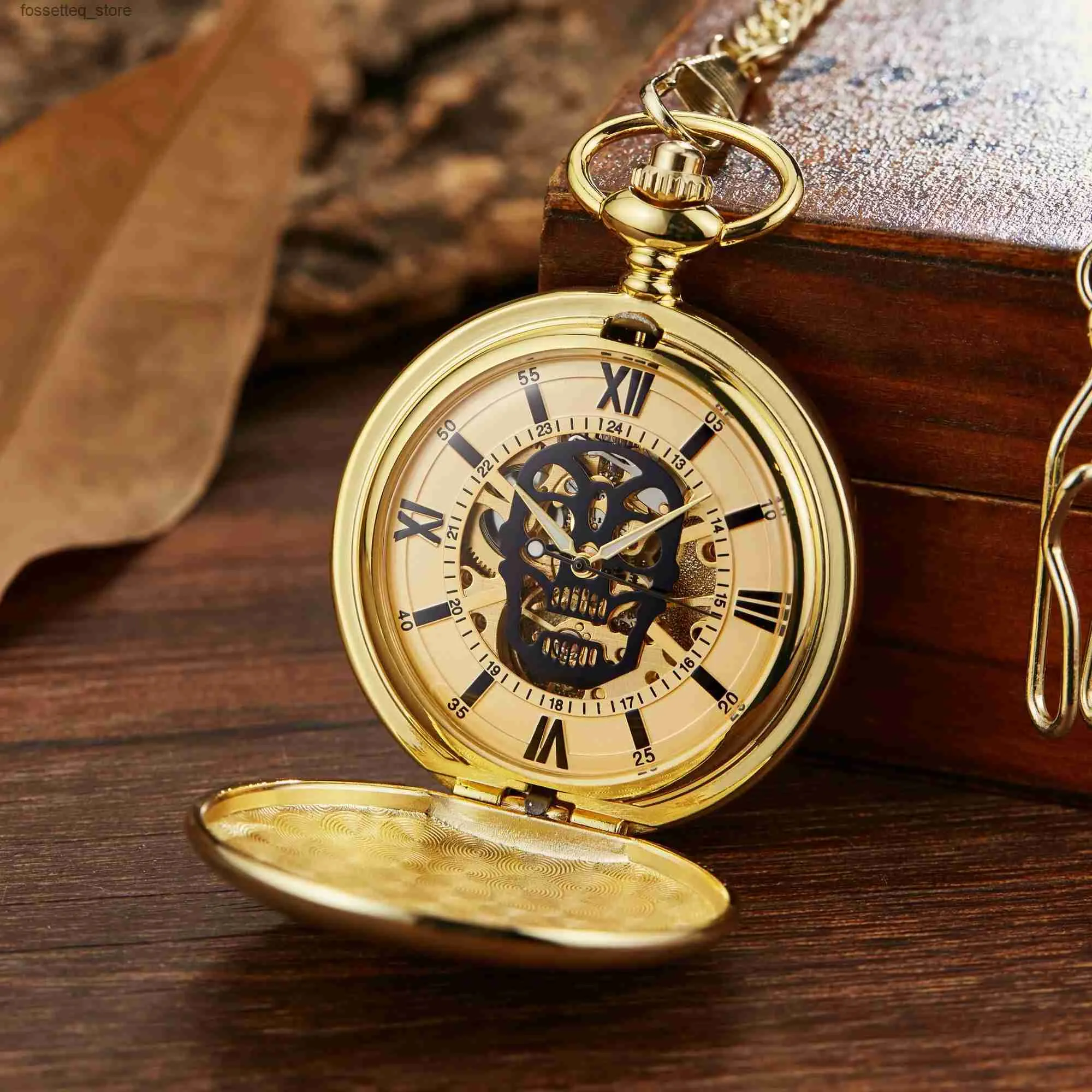 Pocket Watches New Hollow Mechanical Pocket Steampunk Pendent Chain Gold Skeleton Hand-winding Fob Men Women Xmas Halloween Gifts L240322