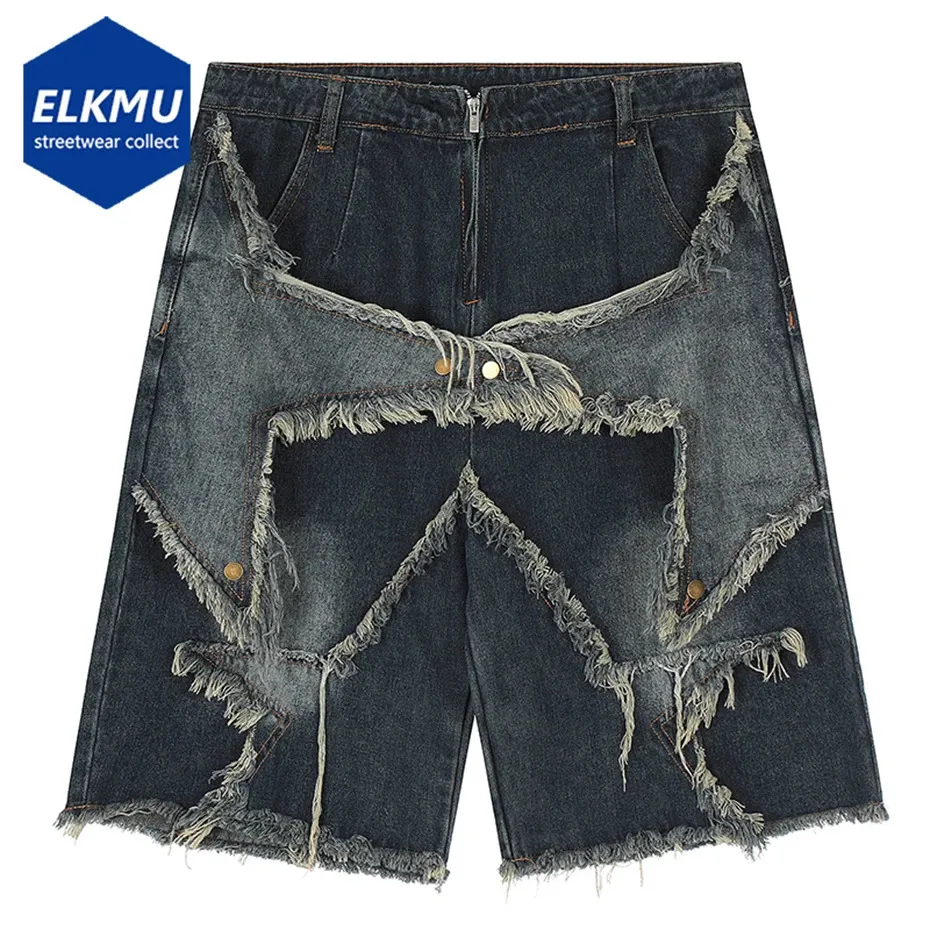 Vintage Tassel Star Denim Shorts Splating Loose Dżinsy Szorty Mężczyźni Hip Hop Streetwear Harajuku Y2K Shorts Summer 240318