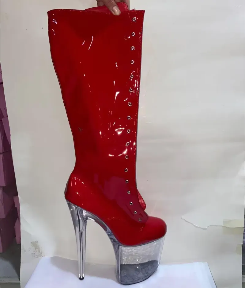 Sapatos de dança 8 "salto alto couro pu botas de joelho femininas 20 cm sexy lindo laço transparente sola meio