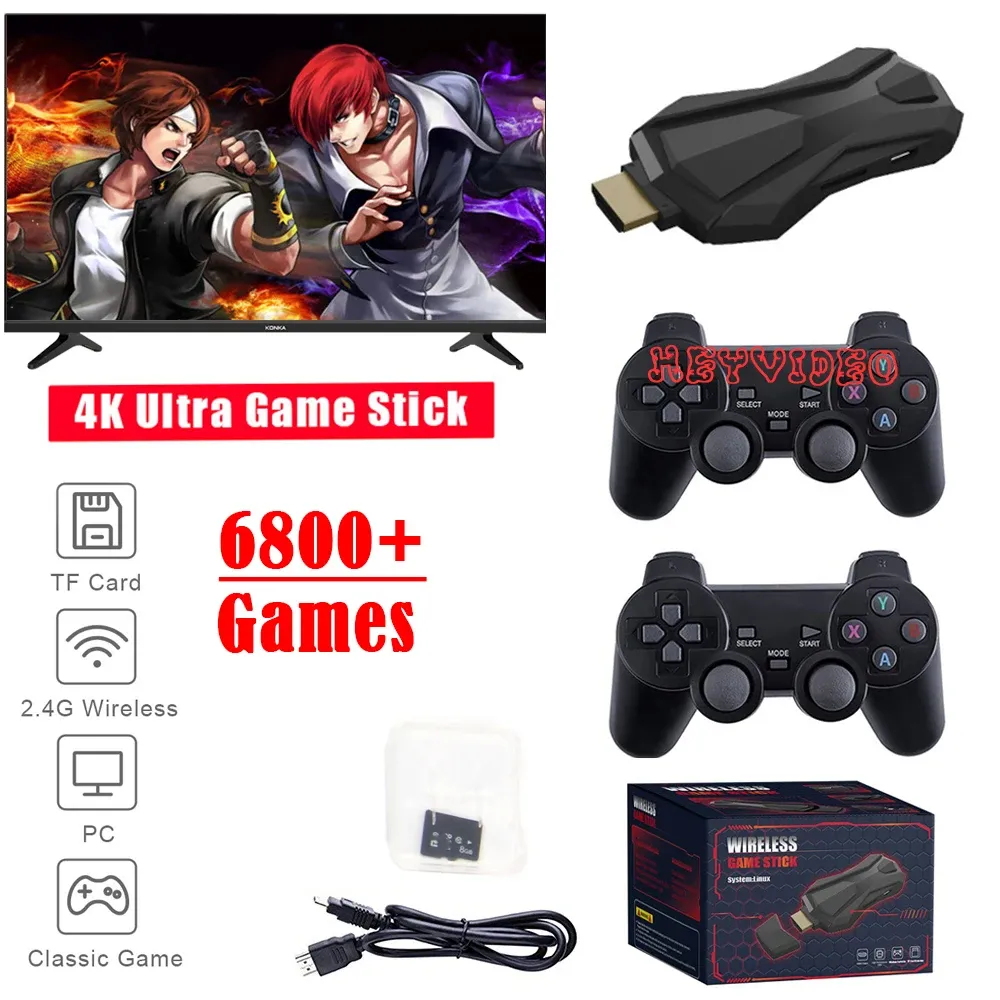 Jogadores sem fio Video Game Console 4K Game Stick HD Display em TV Projetor Monitor Clássico Retro 6800 + Jogos Double Controller Player