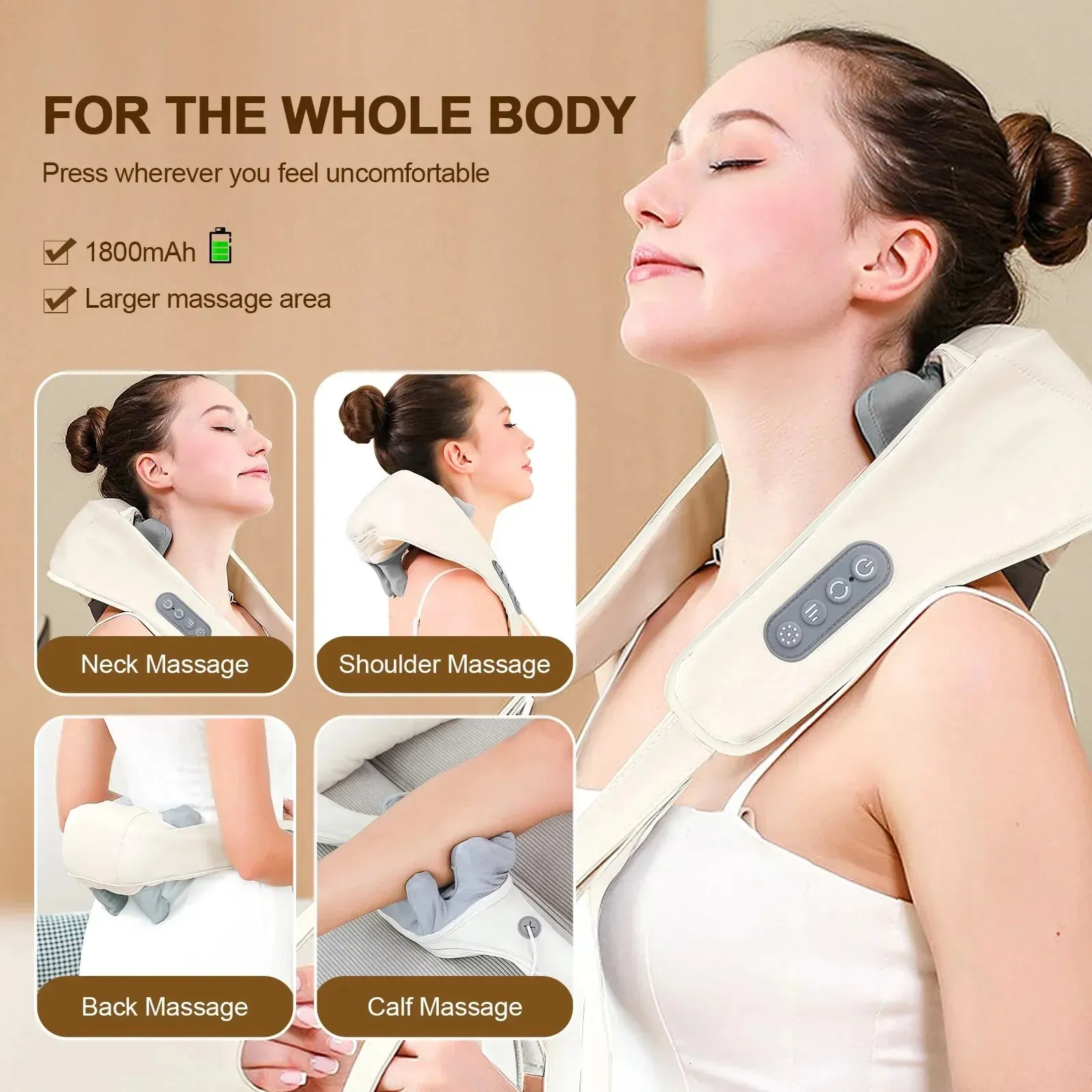 Foreverlily Neck and Shoulder Massager Wireless Back Shiatsu Knådan Cervical Relaxing Massage Shawl 240313