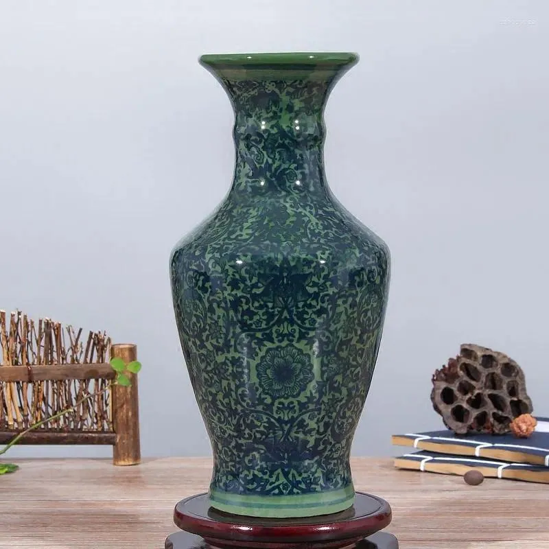 Vasos jingdezhen cerâmica verde esmalte azul branco antigo pequeno vaso arranjo de flores mobiliário sala de estar decoração casa artesanato