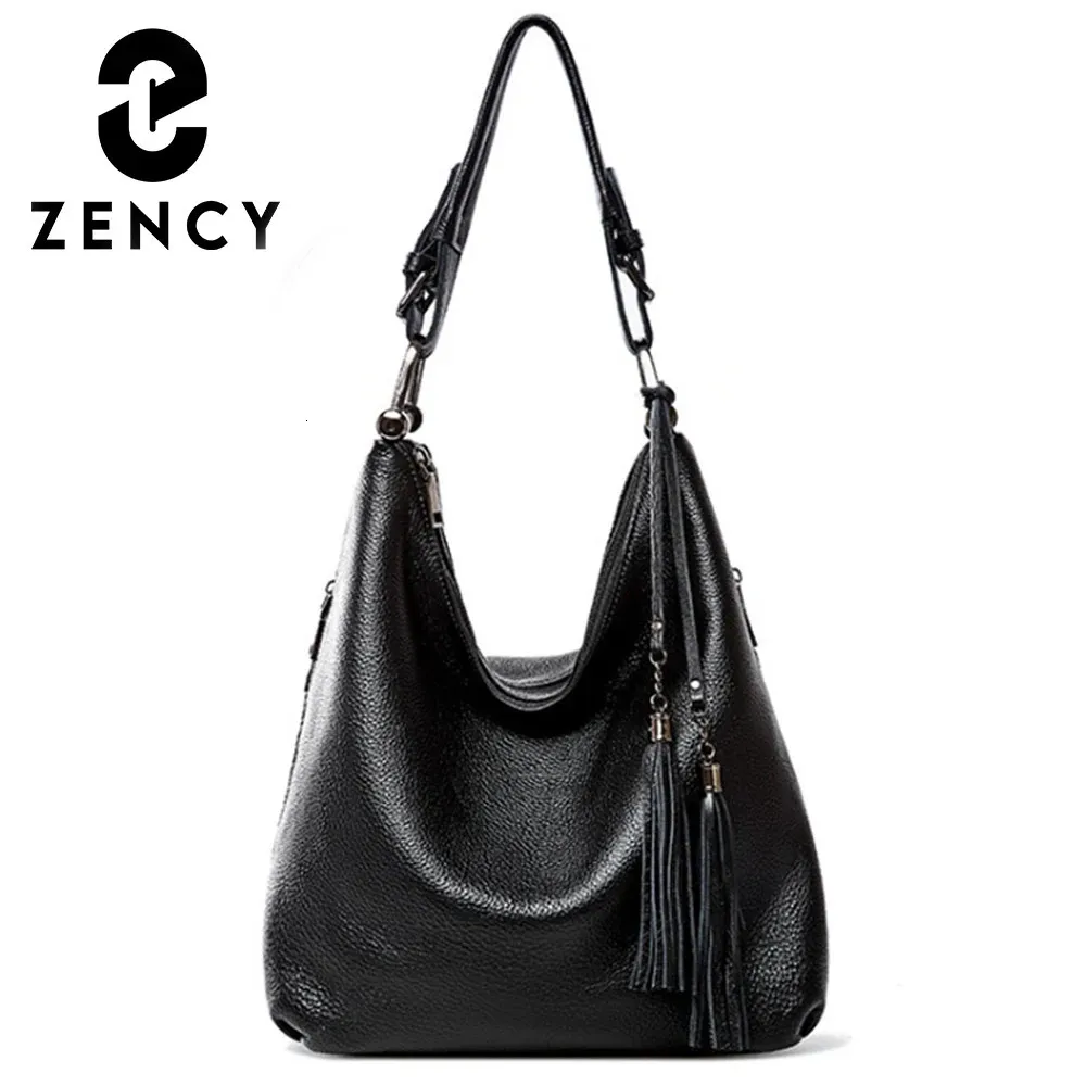 Zency Mode Vrouwen Schoudertas 100 Echt Leer Dagelijks Casual Winkelen Zwervers Klassieke Zwarte Tote Handtas Crossbody Tassen 240305