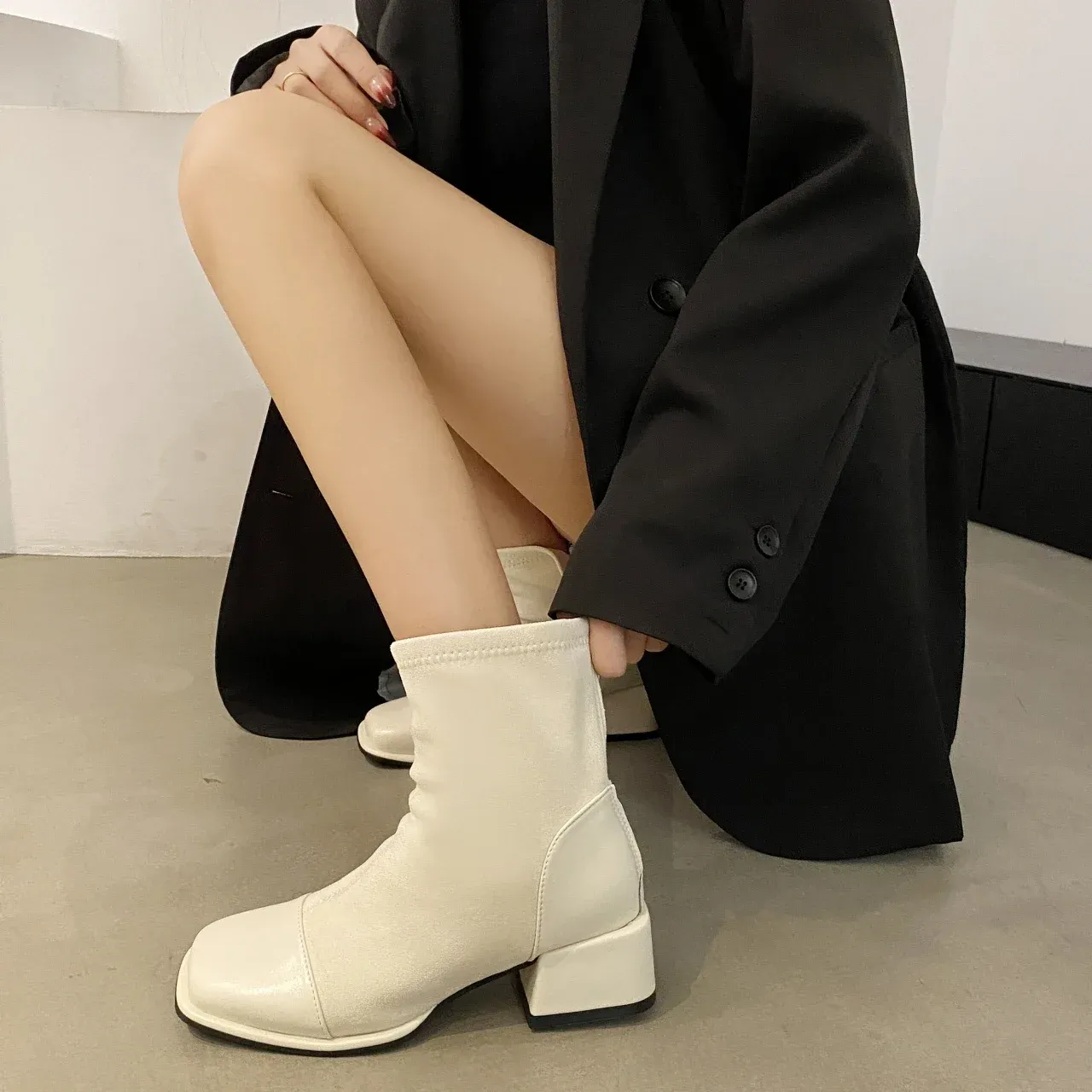 Boots Women Fashion Square Toe Chunky Heel Short Boots 2023 New Autumn Winter Concise Elastic Skinny High Heels Shoes Zapatos De Mujer