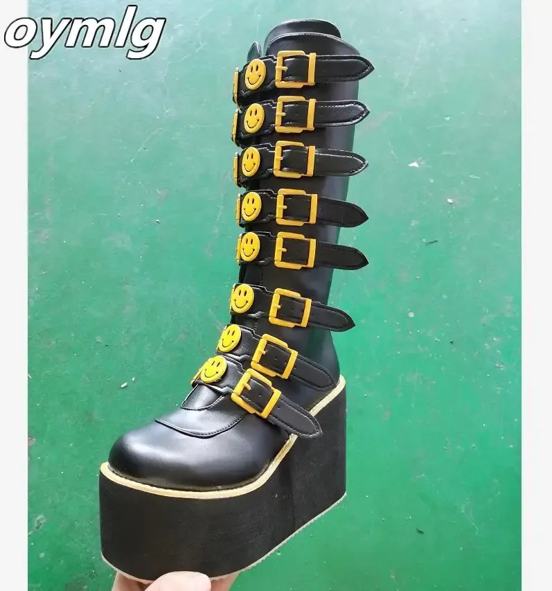 Boots Womens Yellow Smiley Face Gothic Boots Bounts Platform Platform Winter Winter Punk Shoes увеличивает косплей -вечеринка новая