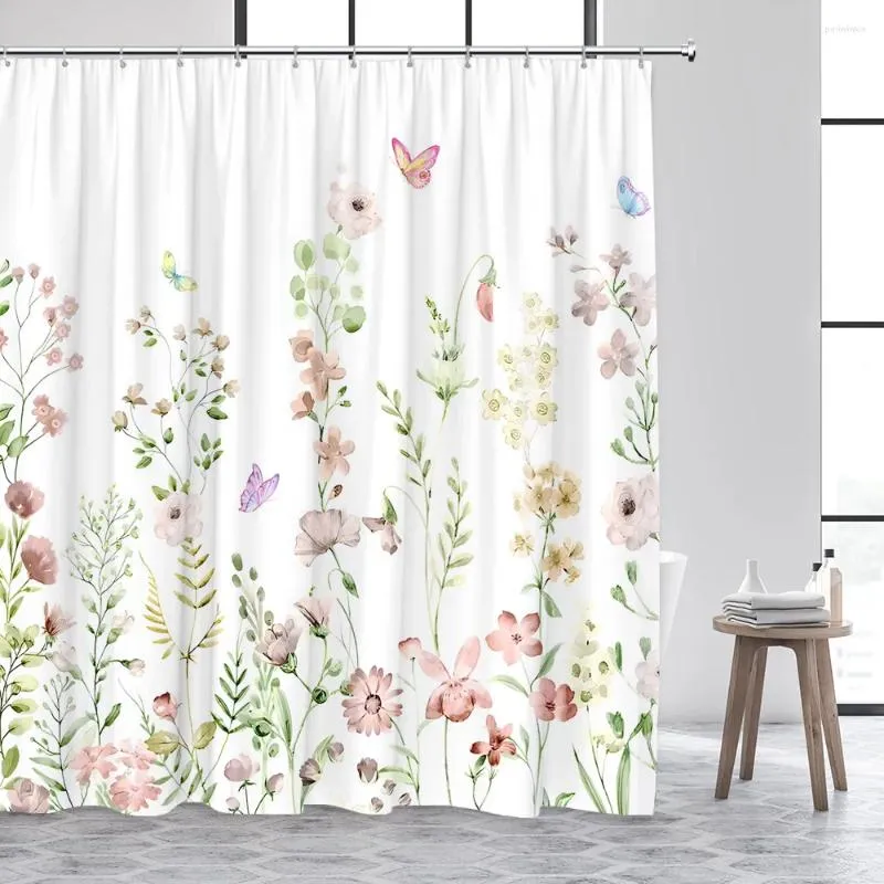 Rideaux de douche Rideau floral Ferme Aquarelle Fleurs de printemps Feuilles et papillons Rustique en bois Polyester Tissu Salle de bain Décor Ensemble