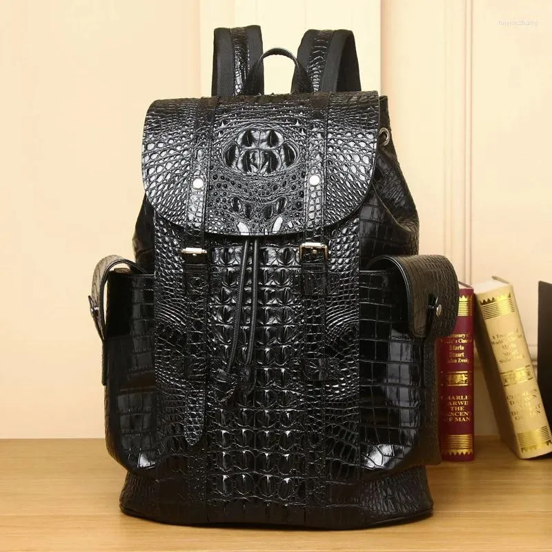 Backpack Men's Real Leather Business Travel Genuine Crocodile Pattern Large Capacity Cowhide Laptop Bag