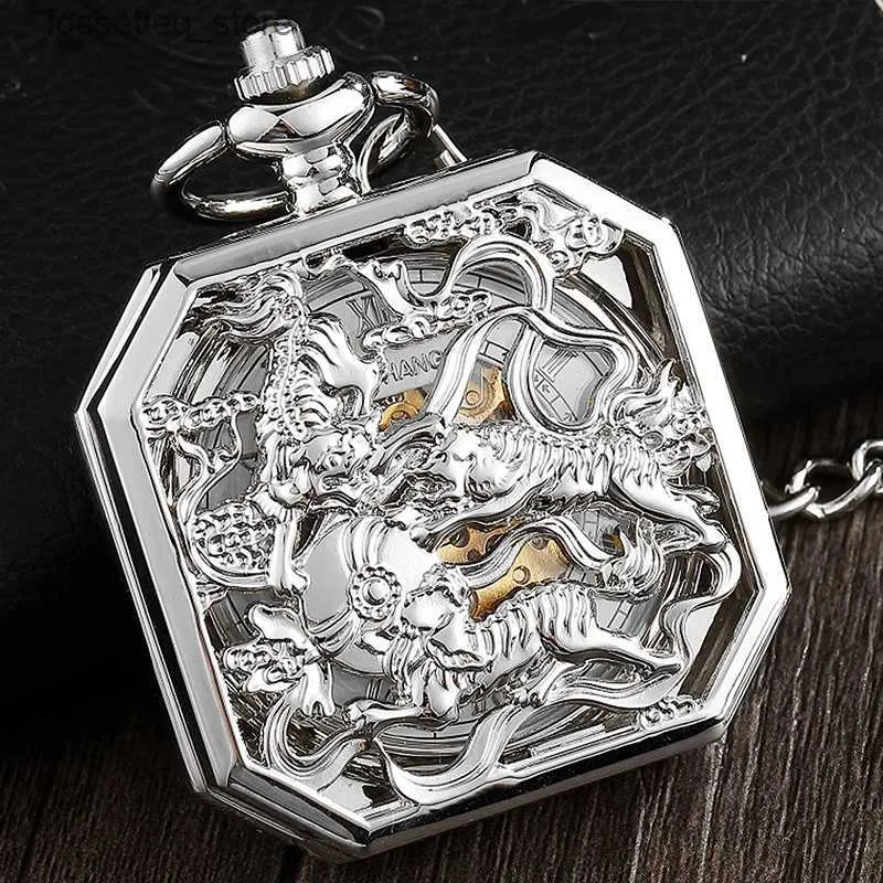 Карманные часы Lucky Beast Механический карманный талисман Единорог с гравировкой Подвеска-брелок-цепочка Reloj для мужчин Античная серебряная бронза Montre de poche L240322