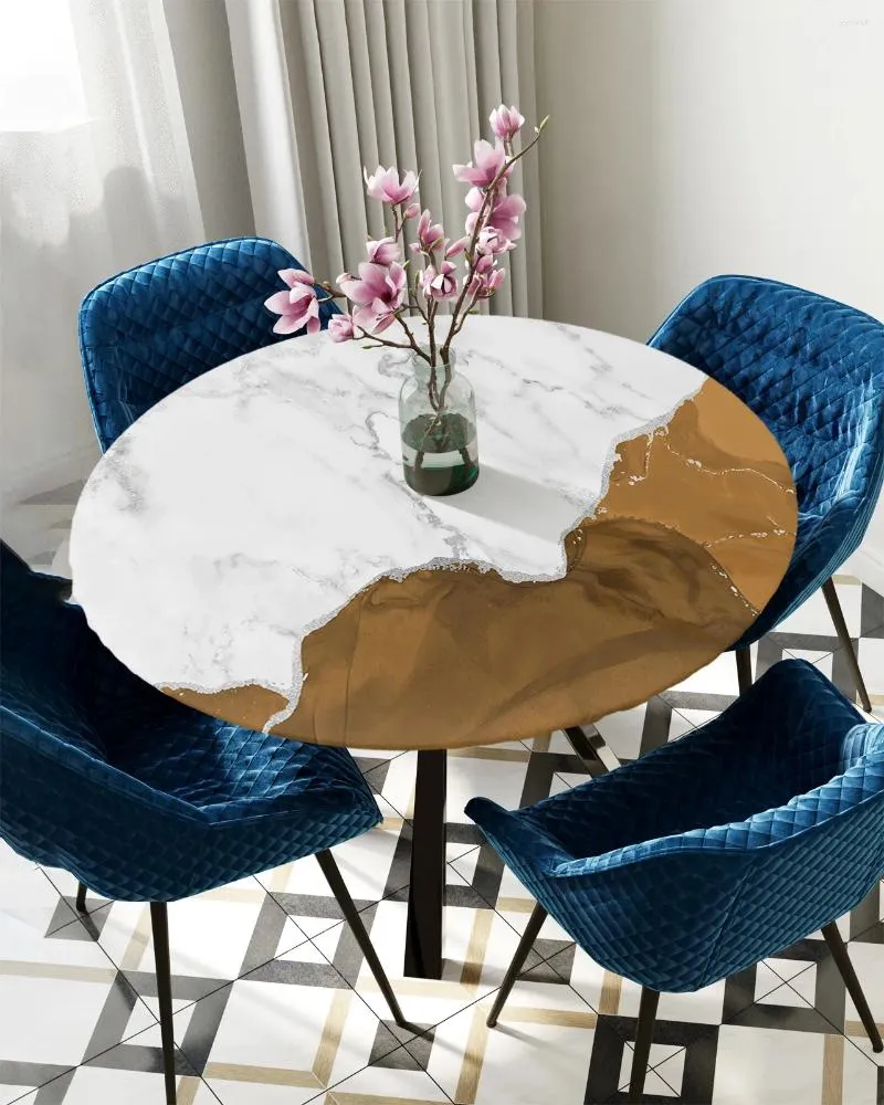 Table Cloth White Marble Brown Round Elastic Edged Cover Protector Waterproof Polyester Tablecloth Rectangle Fitted
