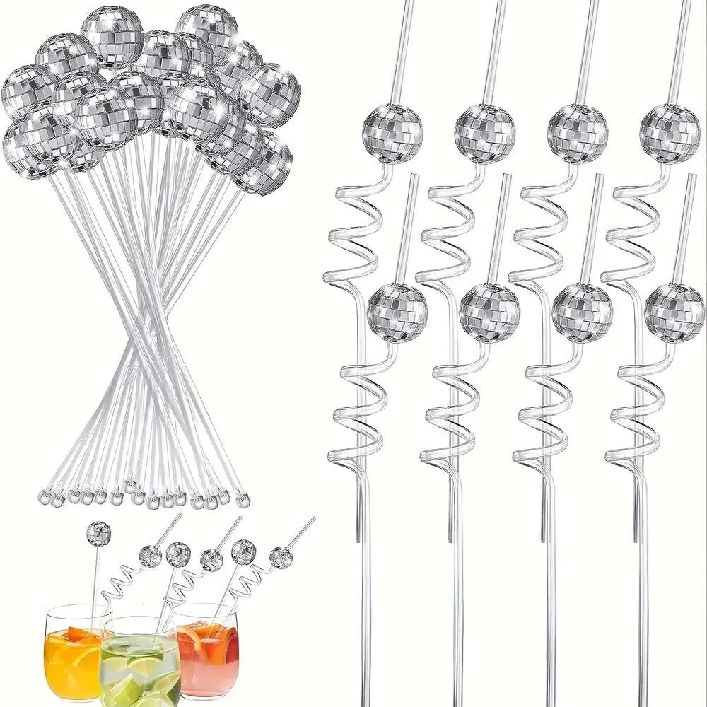 24pcs, parti dekorasyonları, ayna ve 12 top karıştırıcılar kuyruğu 70s dekoratif pipetler plastik karıştırma çubukları mini disko saman dans tatili düğün doğum günü tedariki