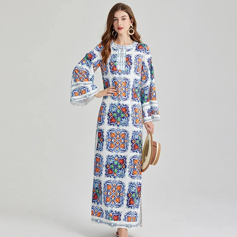 Robes décontractées de base Mode d'été piste bleu et blanc porcelaine robe ample femmes col rond manches chauve-souris bohème longue robe fendue robes 2024