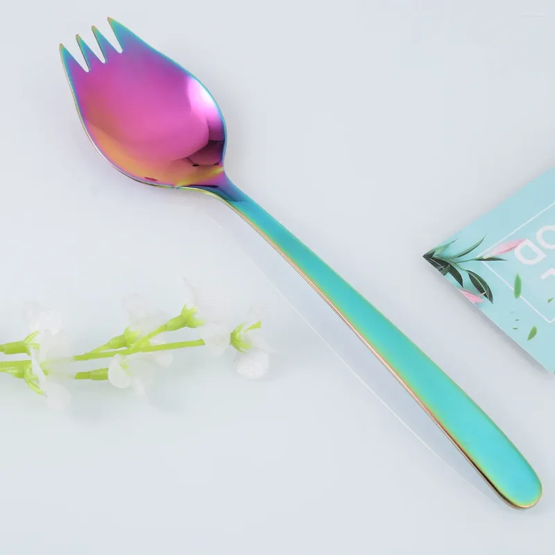 Dinnerware Sets Kitchen 304 Stainless Steel Sporks Long Handle Dessert Spoons Salad Fork For Fruit Appetizer ( Colorful )