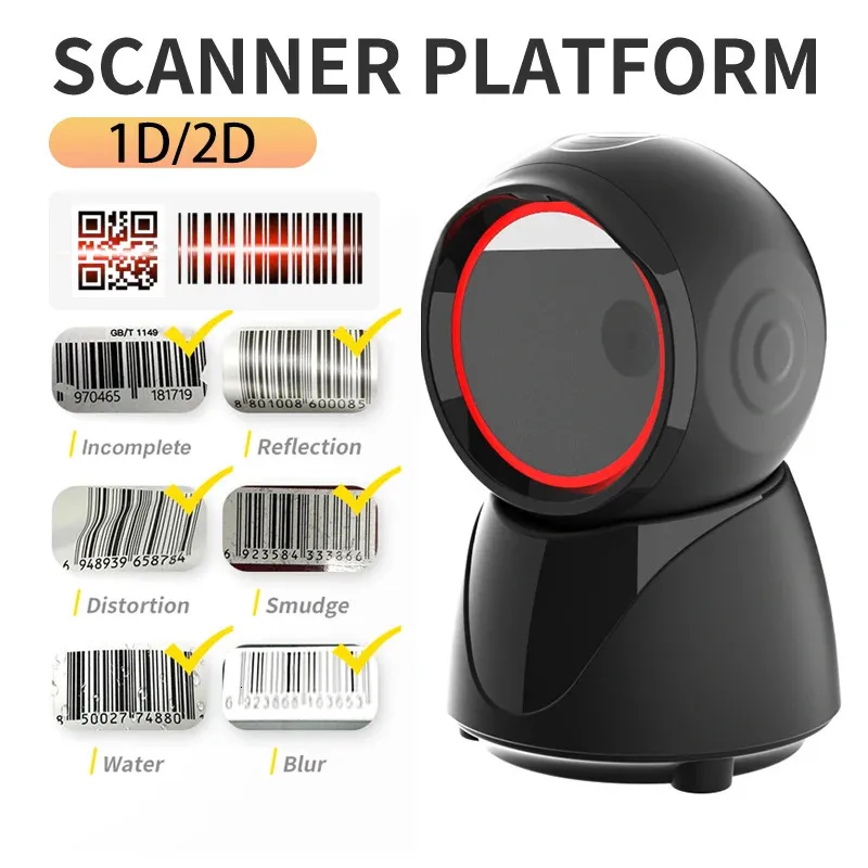 Scanner de codes-barres 2D filaire, plate-forme de numérisation de bureau, matrice de données de code QR automatique, lecteur de barres PDF417 USB pour supermarché de détail 240318