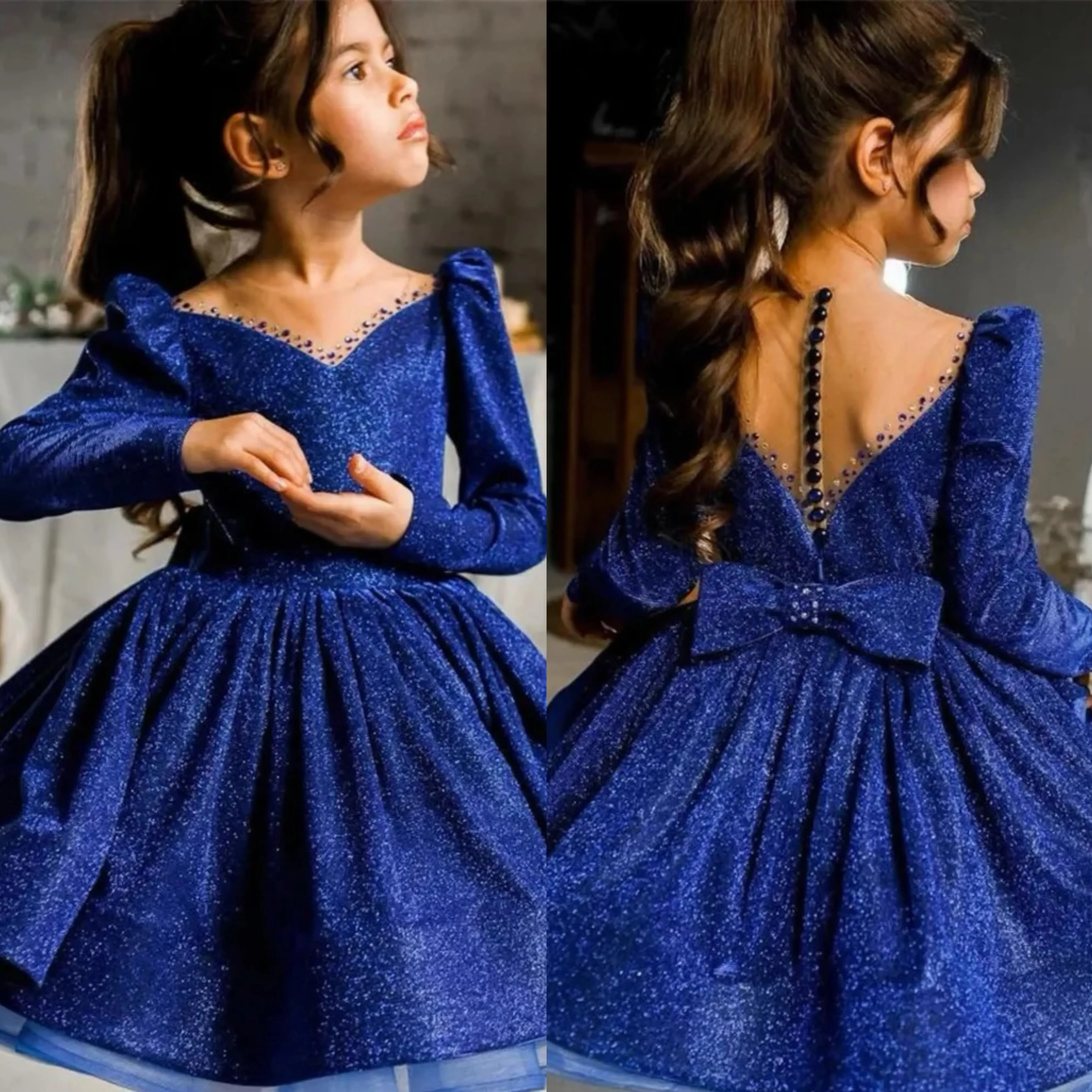 青いふくらんでいる花の女の子のドレス真珠ビーディングネックミニキッズバースデーパーティーガウン