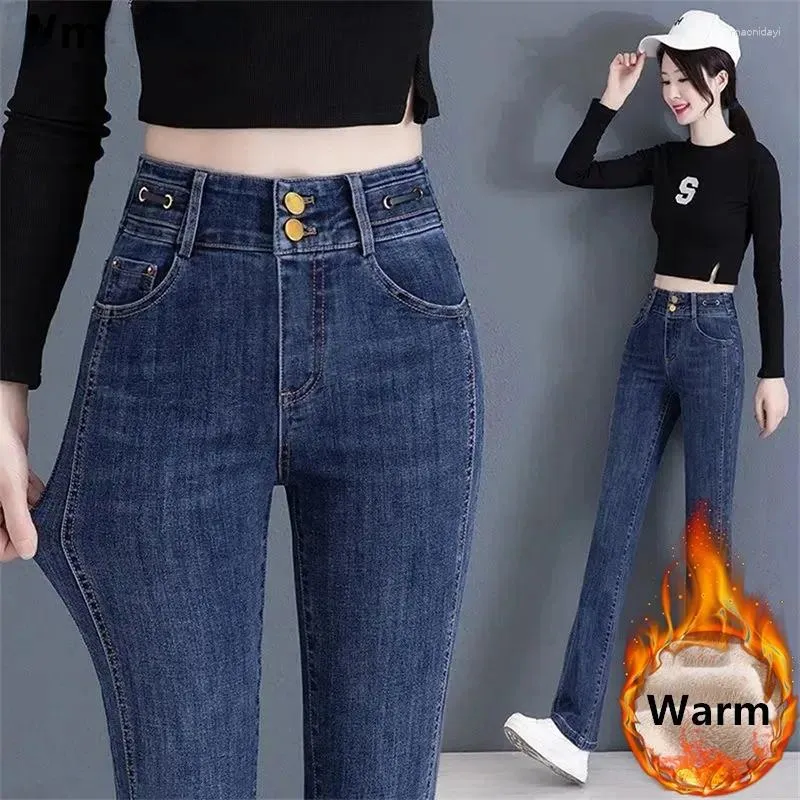 Kvinnors jeans avslappnad rak kot pantolon stretch vaqueros vinter förtjockas varm flare denim pant kvinnor smal hög midja plysch sammet fodrad