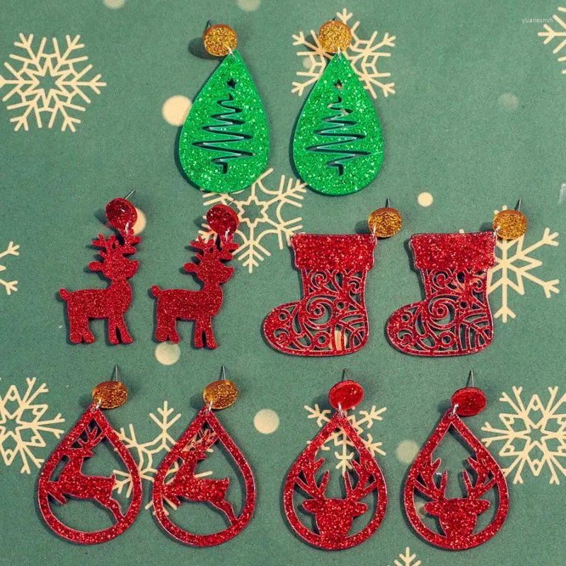 Висячие серьги, блестящие красные рождественские носки, акриловые серьги-капли для женщин, милые серьги со снежным лосем, рождественская елка, полые серьги, ювелирные изделия, подарки