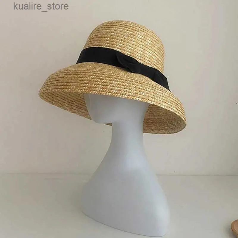 Wide Brim Hats Bucket Hats Handmade Women Cloche Hat Natural Wide Brim Summer Hats Ribbon Bow Ladies Fine Straw Fedoras Kentucky Derby UV Beach Hat Outdoor L240322