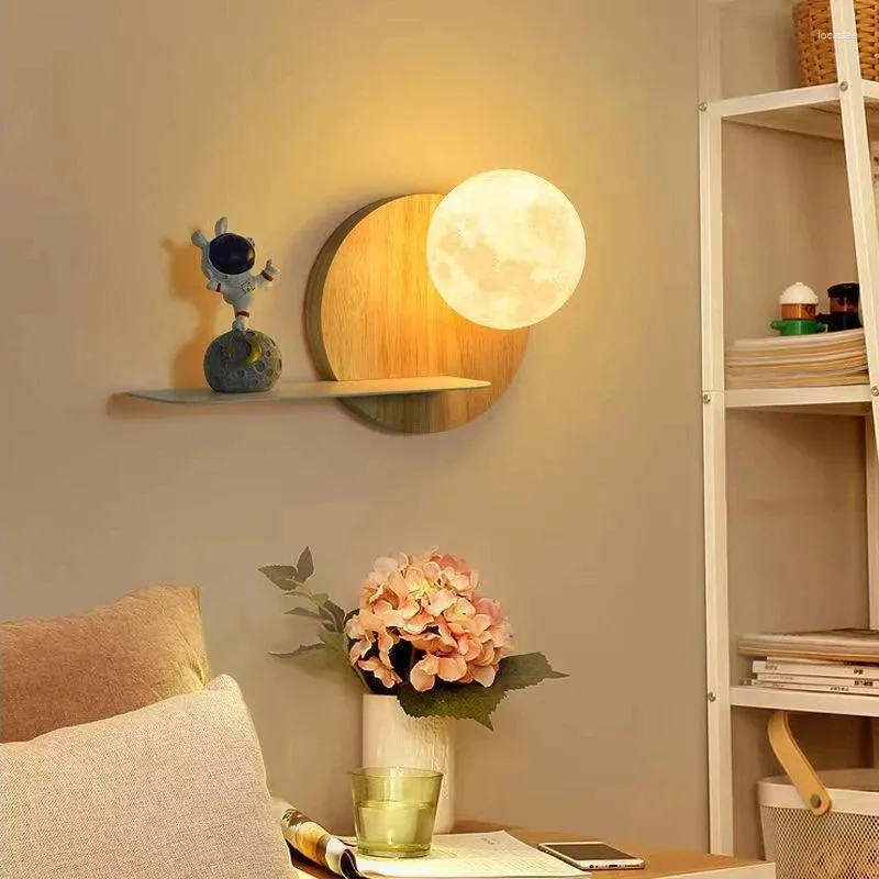 Wandlamp Kind LED Echt Hout Maanverlichting Met Pop Voor Slaapkamer Woonkamer Hal Kamer Home Decor Indoor 3D Print Verlichtingsarmatuur