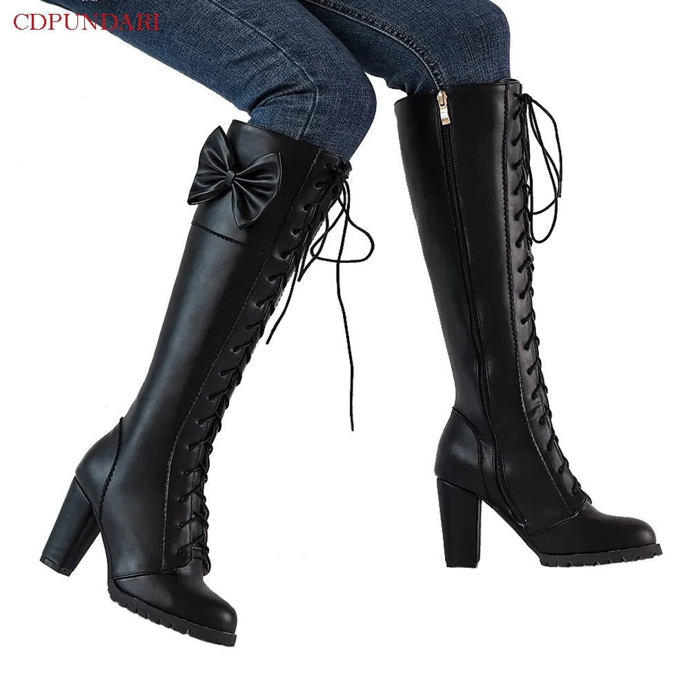 Stivali Black Knee High Boots Women High Heels Platform Boots Autumn Inverno Stivali Long Ladies Stivali motociclistici Red Botas Invierno Mujer