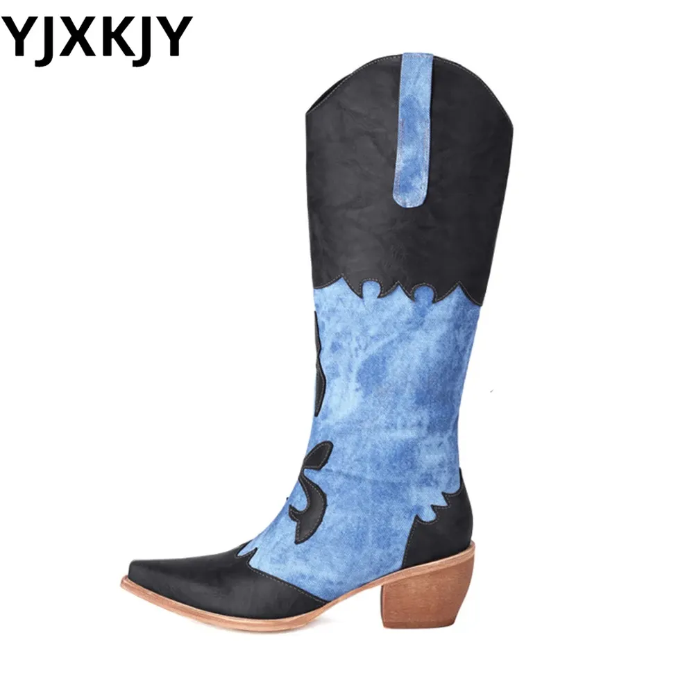Boots Yjxkjy 2023 Новые европейские американские продукты прибывают в модную большую толстую среднюю каблук квадратную джинсовую джинсовую ткань западные ботинки