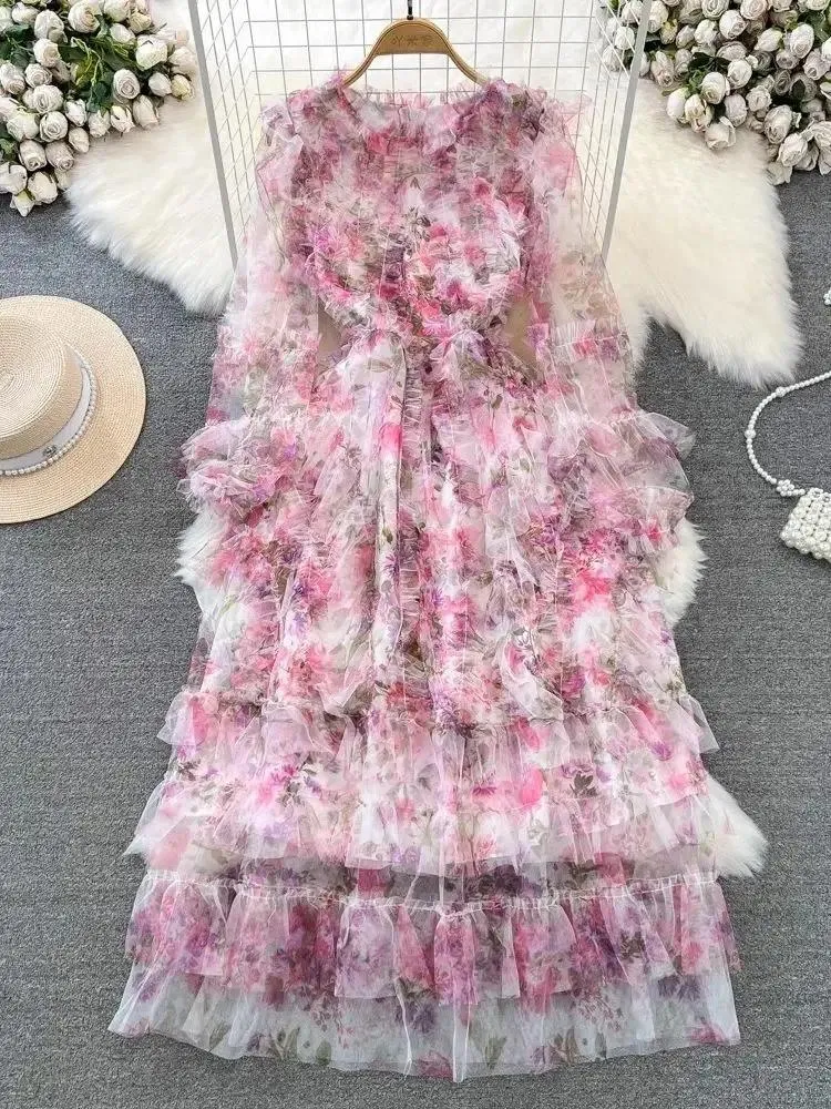 Casual Jurken 2024 Mode Prachtige Bloem Mesh Cascading Ruches Jurk Vrouwen Stand Vlinder Mouw Roze Bloemenprint Fee Maxi vestido