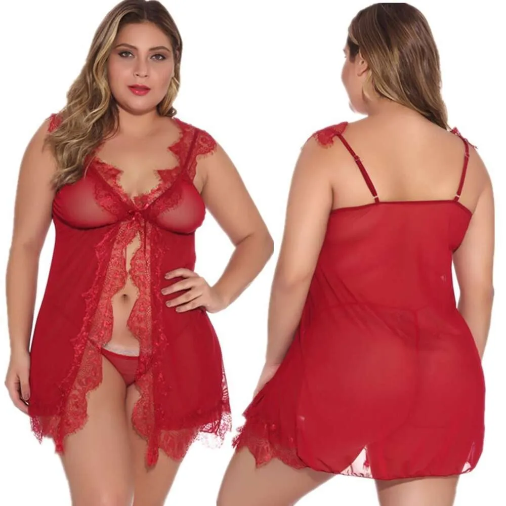 Lingerie sexy grande tamanho gordo, saia curta de renda frontal aberta, camisola feminina 135106