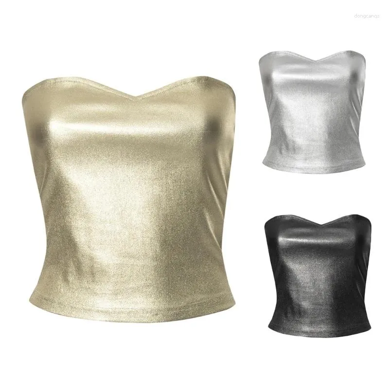 Riemen Dames Glinsterende Metallic Strapless Bodycon Tube Crop Top Festival Party Sexy Backless Mouwloze Bandeau-vesten