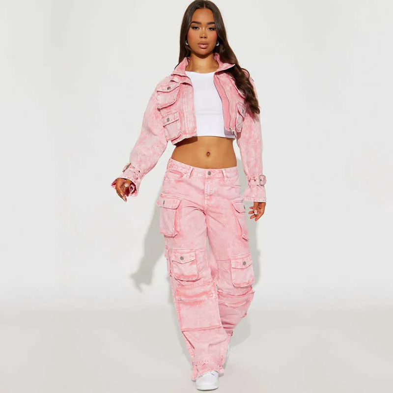DHgate Denim and Cargo Chic Cropped Denim Jacket and Baggy Jeans Set for Women Apparel