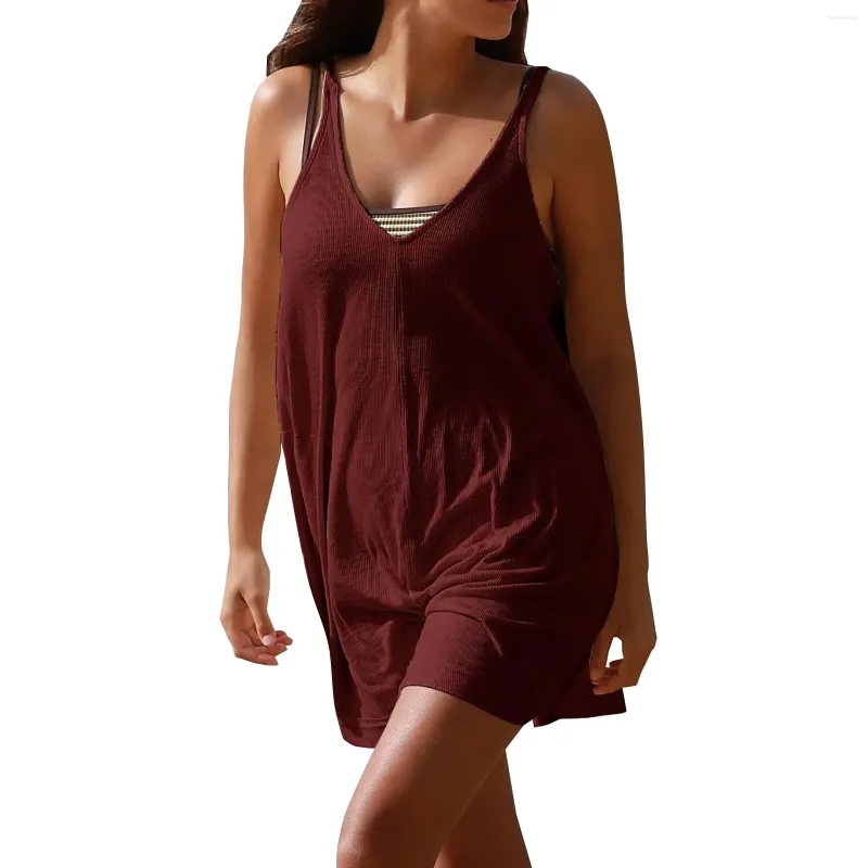 Sıradan Elbiseler 2024 Kadın Yaz Elbise Tankı Kolsuz V Gastık Fit Flwoy Boho Beach Güneşi Cepler Vestidos Curtos