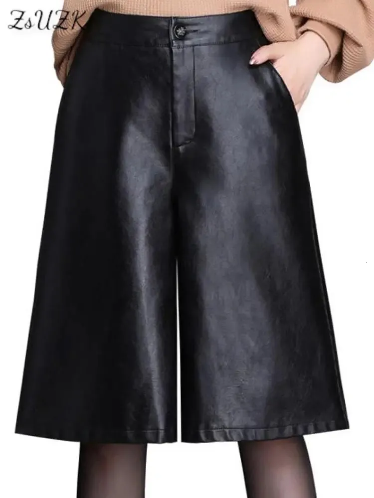 Black PU Leather Bermuda Shorts For Women Loose Long Shorts Motorcycle Punk High Waist Knee Length Bermuda Femme 240321