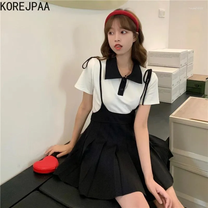 Work Dresses Korejpaa Korean Fashion Two Piece Set Women Perppy Style Turn-down Collar T Shirt Top Slim Waist Sling Pleated Mini Dress