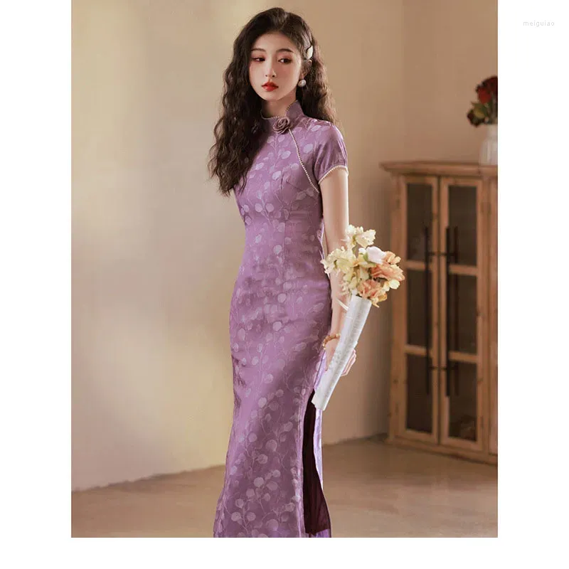 Roupas étnicas Mulheres Verão Roxo Floral Cheongsam Manga Curta Vintage Vestido Formal Slim Mostrar Trajes Feminino Mid Long Qipao S para XXL