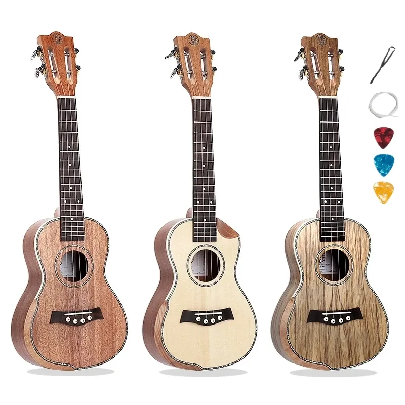 Cables Ukulele 24 26 Inches Solid Spruce Acacia Mahogany Mini Electric Concert Tenor Acoustic Guitar 4 Strings Ukelele Install Pickup