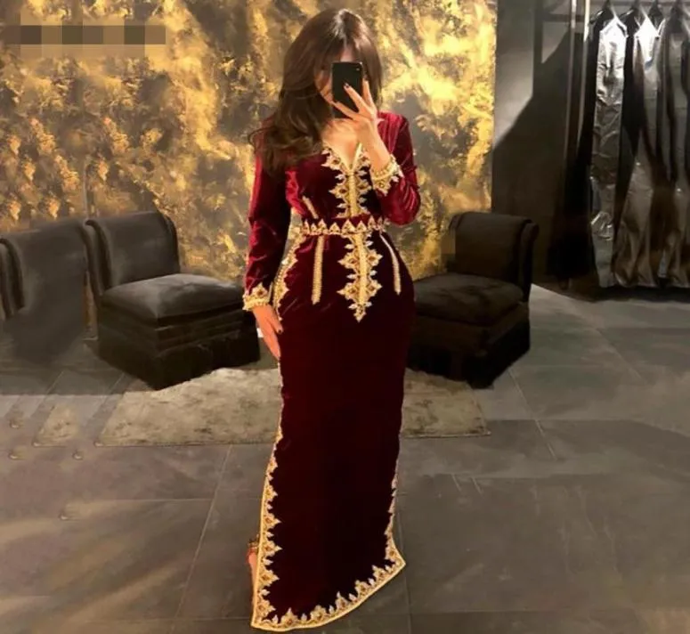 Maroc Caftan robes de soirée col en V sirène robes de bal fente latérale velours or dentelle appliques manches longues soirée formelle Dre9429783